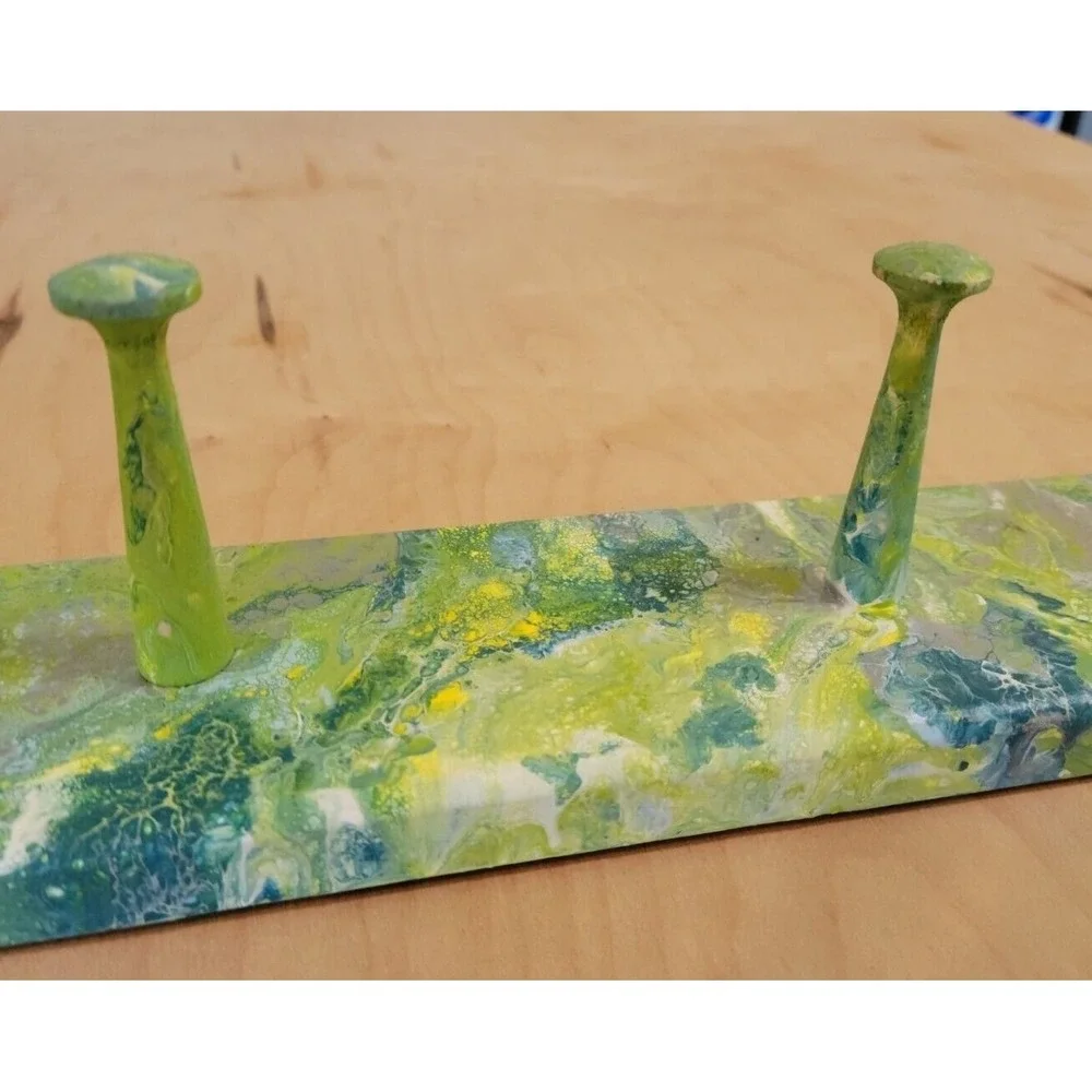 Hand Painted Fluid Art Wooden Wall Rack 5 Peg Hook Green Teal‎ Marbled Entryway